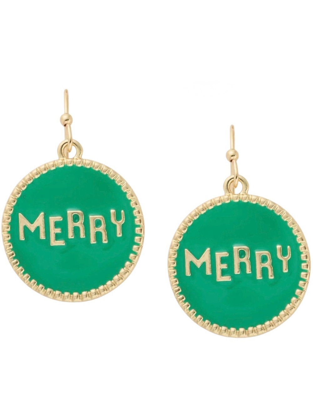 Holiday Lane Gold Tone and Green “Merry” Drop Earrings (NWT)